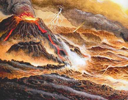 Suite  l'impact d'une mtorite gante, la crote terrestre cda, les volcans se rveillrent et dversrent des torrents de lave. Des clairs frappent le sol. Une premire atmosphre se cre.