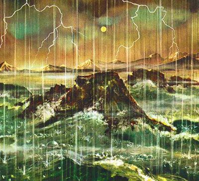 Une pluie d'une centaine de millions d'annes cre les ocans. De gigantesques orages tonnent et les clairs illuminent le ciel.